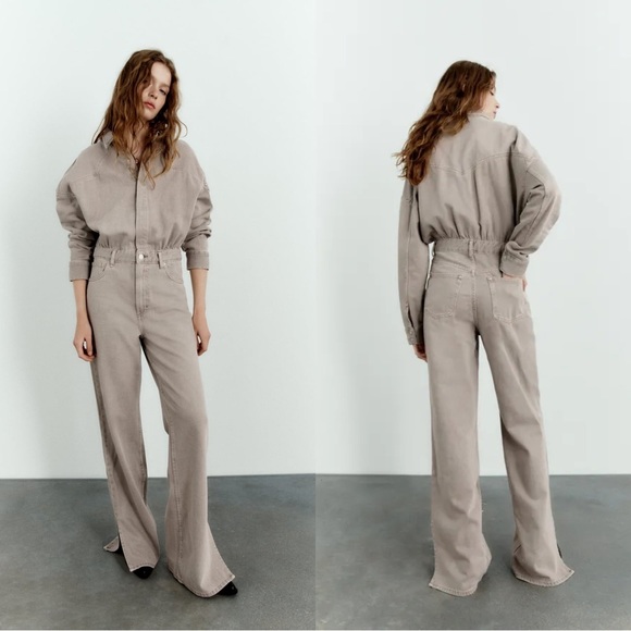Zara Taupe Denim Flare Leg Split Hem Jumpsuit Overalls Coveralls Blogger Fav - Picture 1 of 13